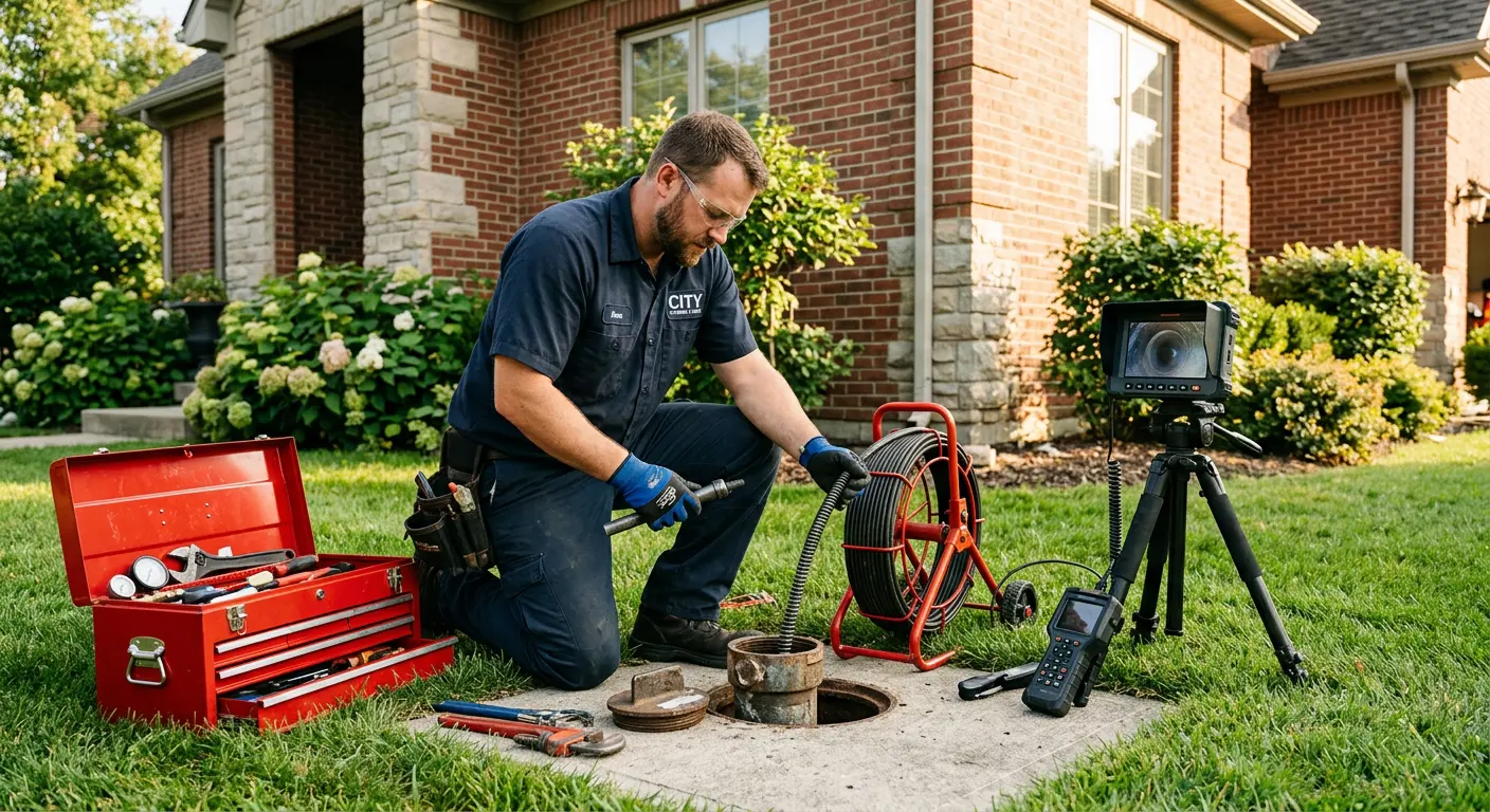 Sewer specialist with camera equipment servicing a cleanout in Williams