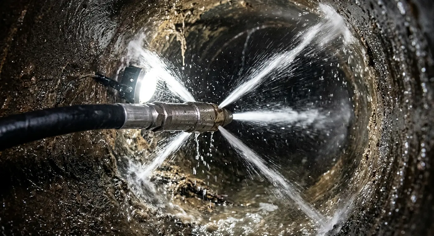 High-pressure hydro jetting nozzle cleaning sewer pipe for Trenchless Sewer Repair in Williams
