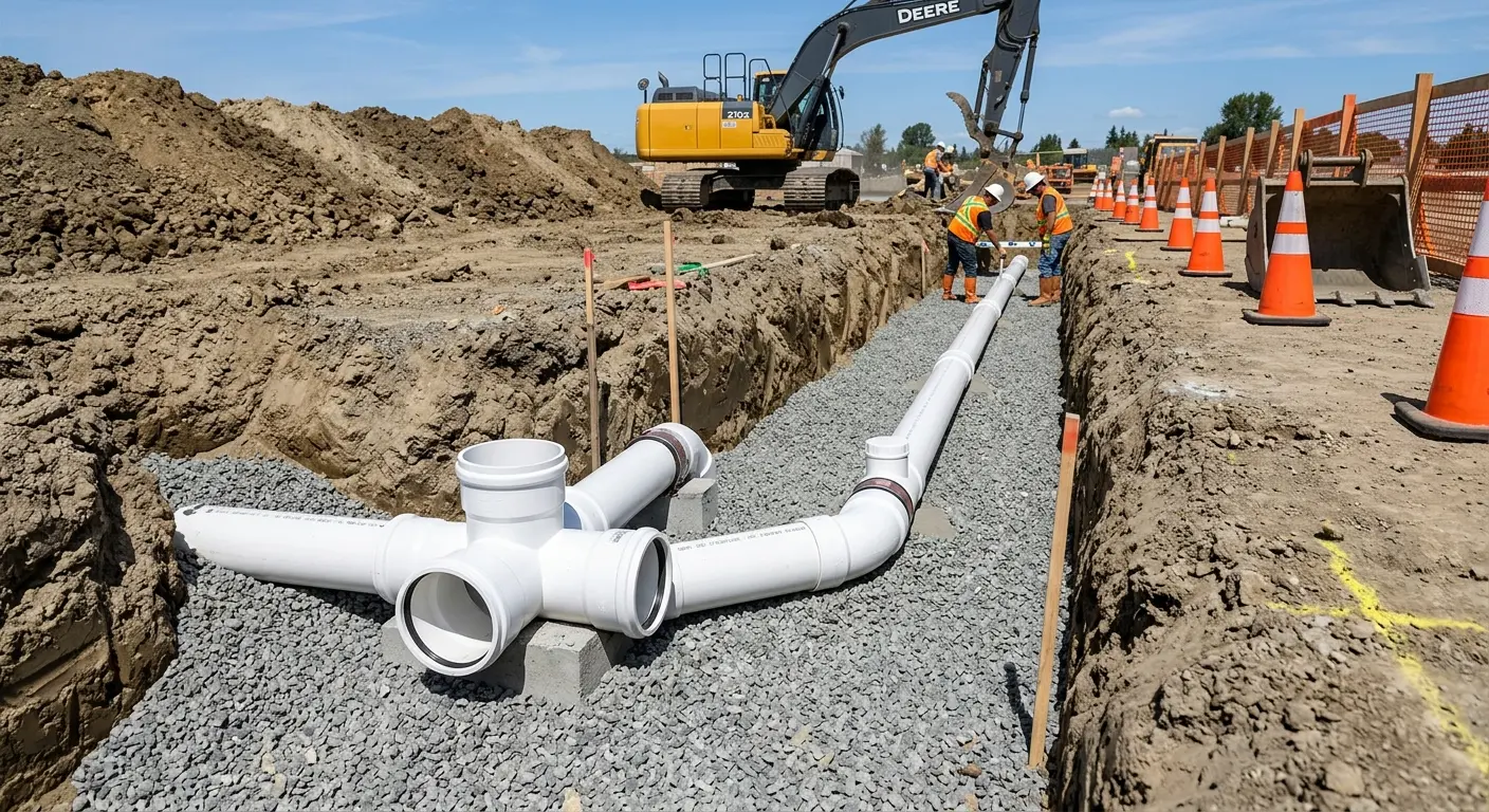 New PVC sewer pipe installation in open trench for Commercial Drain Cleaning in Williams