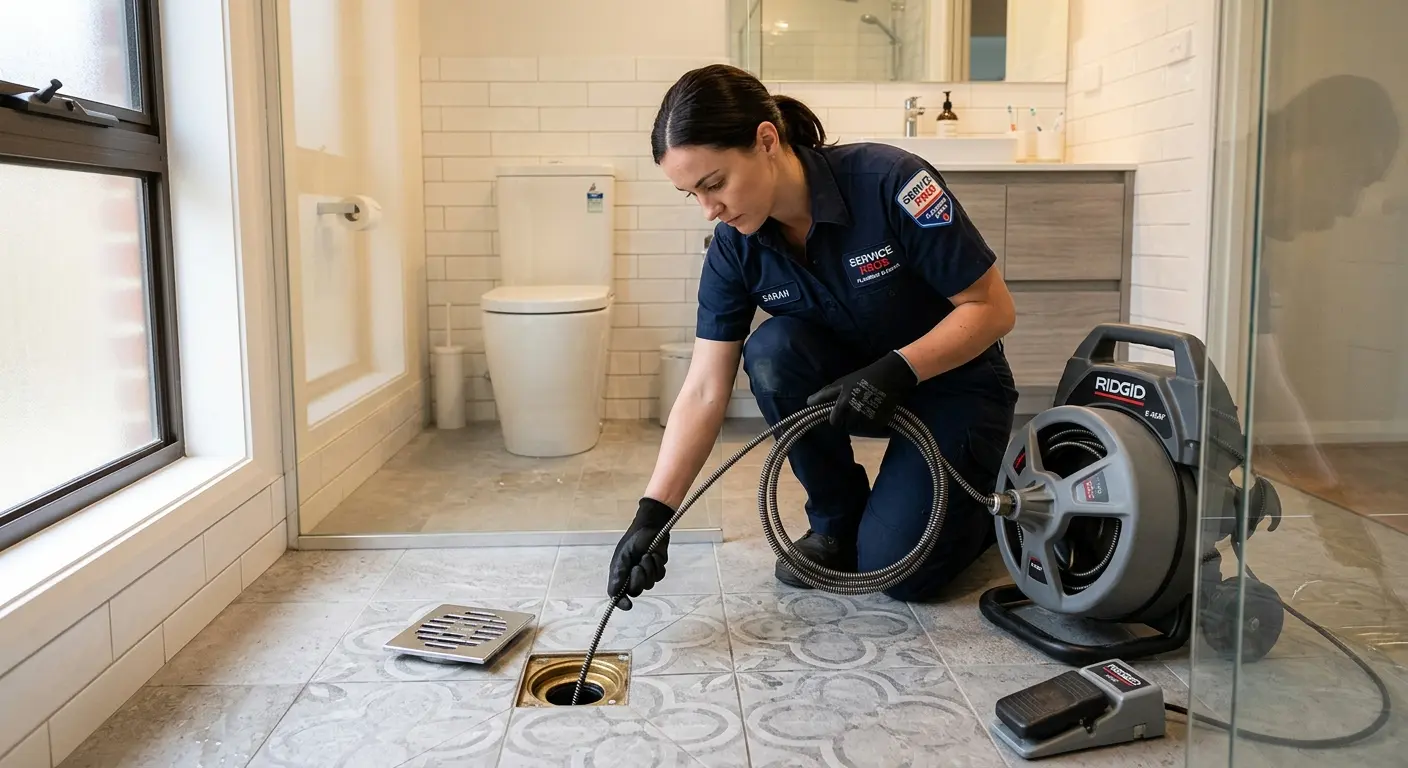 Technician clearing a bathroom floor drain for Hydro Jetting in Williams